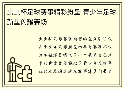 虫虫杯足球赛事精彩纷呈 青少年足球新星闪耀赛场