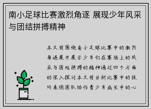 南小足球比赛激烈角逐 展现少年风采与团结拼搏精神