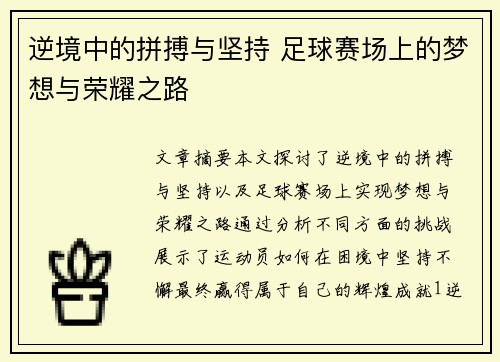 逆境中的拼搏与坚持 足球赛场上的梦想与荣耀之路