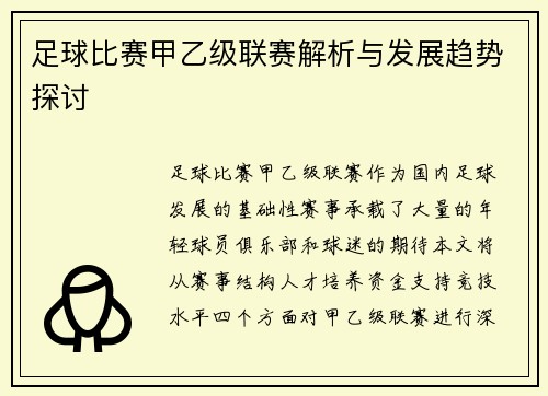足球比赛甲乙级联赛解析与发展趋势探讨