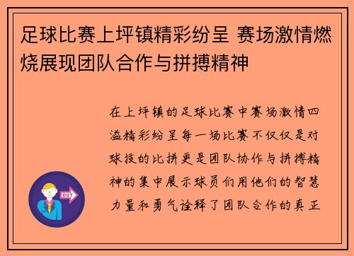 足球比赛上坪镇精彩纷呈 赛场激情燃烧展现团队合作与拼搏精神