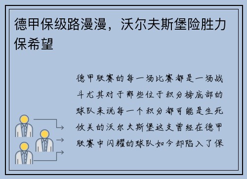 德甲保级路漫漫，沃尔夫斯堡险胜力保希望