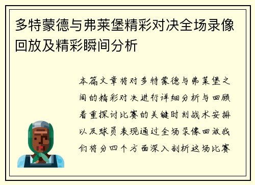 多特蒙德与弗莱堡精彩对决全场录像回放及精彩瞬间分析