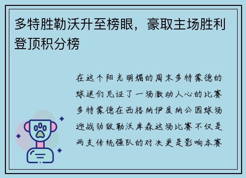 多特胜勒沃升至榜眼，豪取主场胜利登顶积分榜