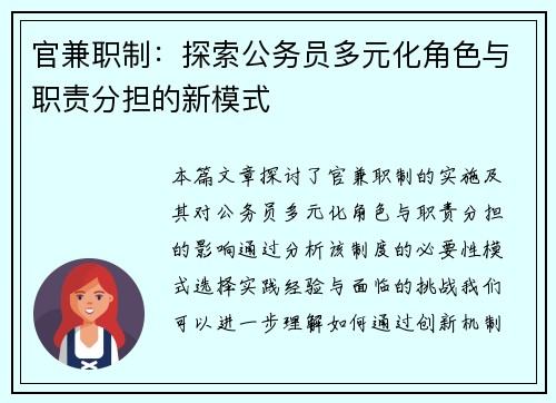 官兼职制：探索公务员多元化角色与职责分担的新模式