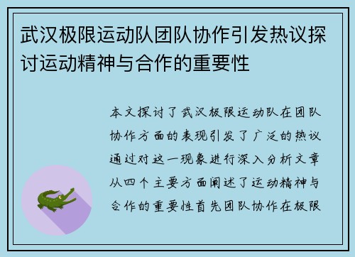 武汉极限运动队团队协作引发热议探讨运动精神与合作的重要性