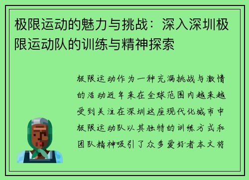 极限运动的魅力与挑战：深入深圳极限运动队的训练与精神探索