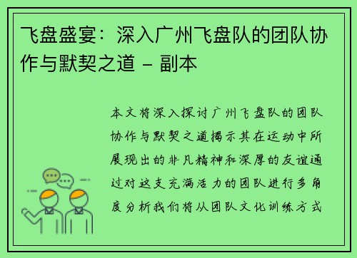 飞盘盛宴：深入广州飞盘队的团队协作与默契之道 - 副本